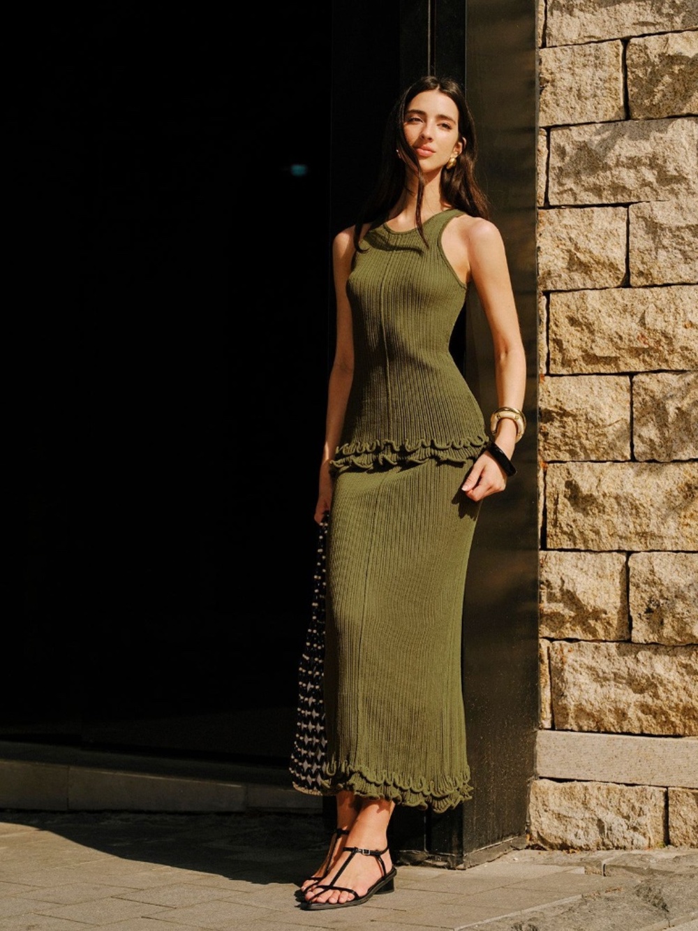 COMMENSE Lettuce Trim Sleeveless Knit Skirt Set